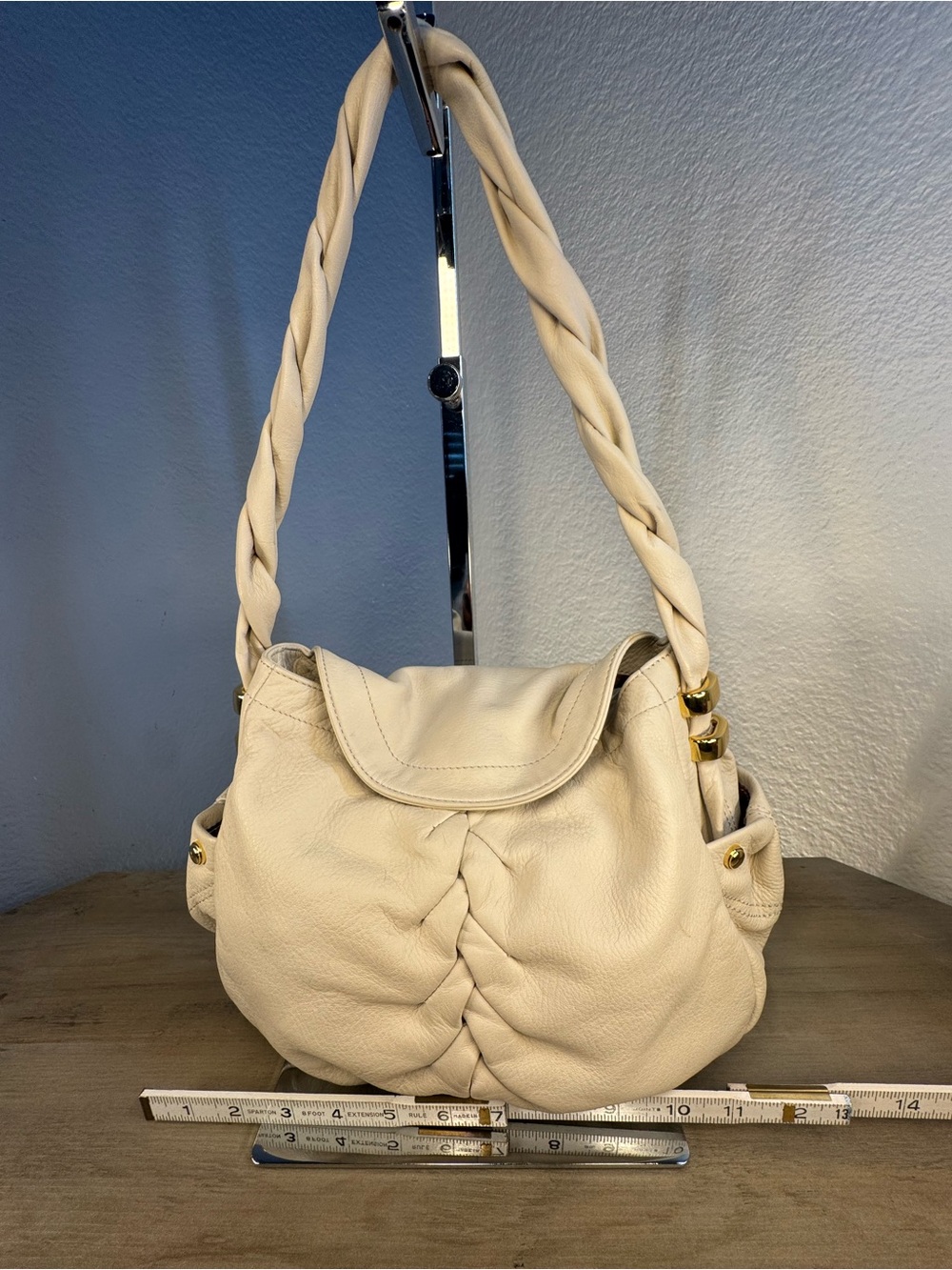 B. Makowsky Westport Cream Glove Leather Hobo Ruched Front Braided Strap Gold